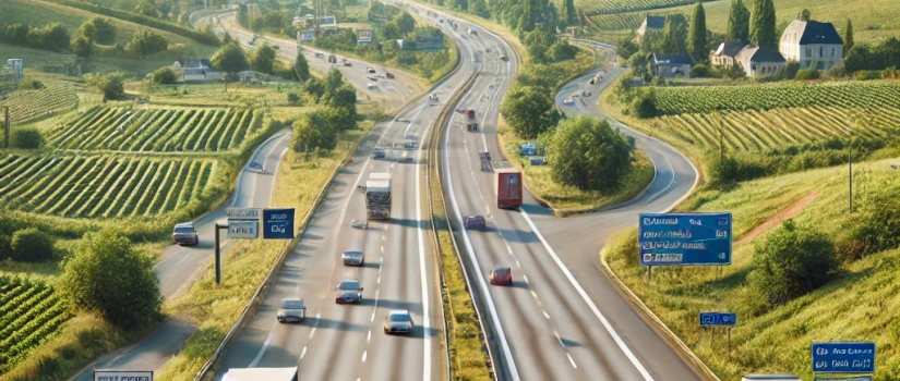 Eneiner französischen Autobahn mit mehreren Fahrspuren, umgeben von grüner Landschaft und Hügeln, mit Straßenschildern auf Französisch und verschiedenen Fahrzeugen.