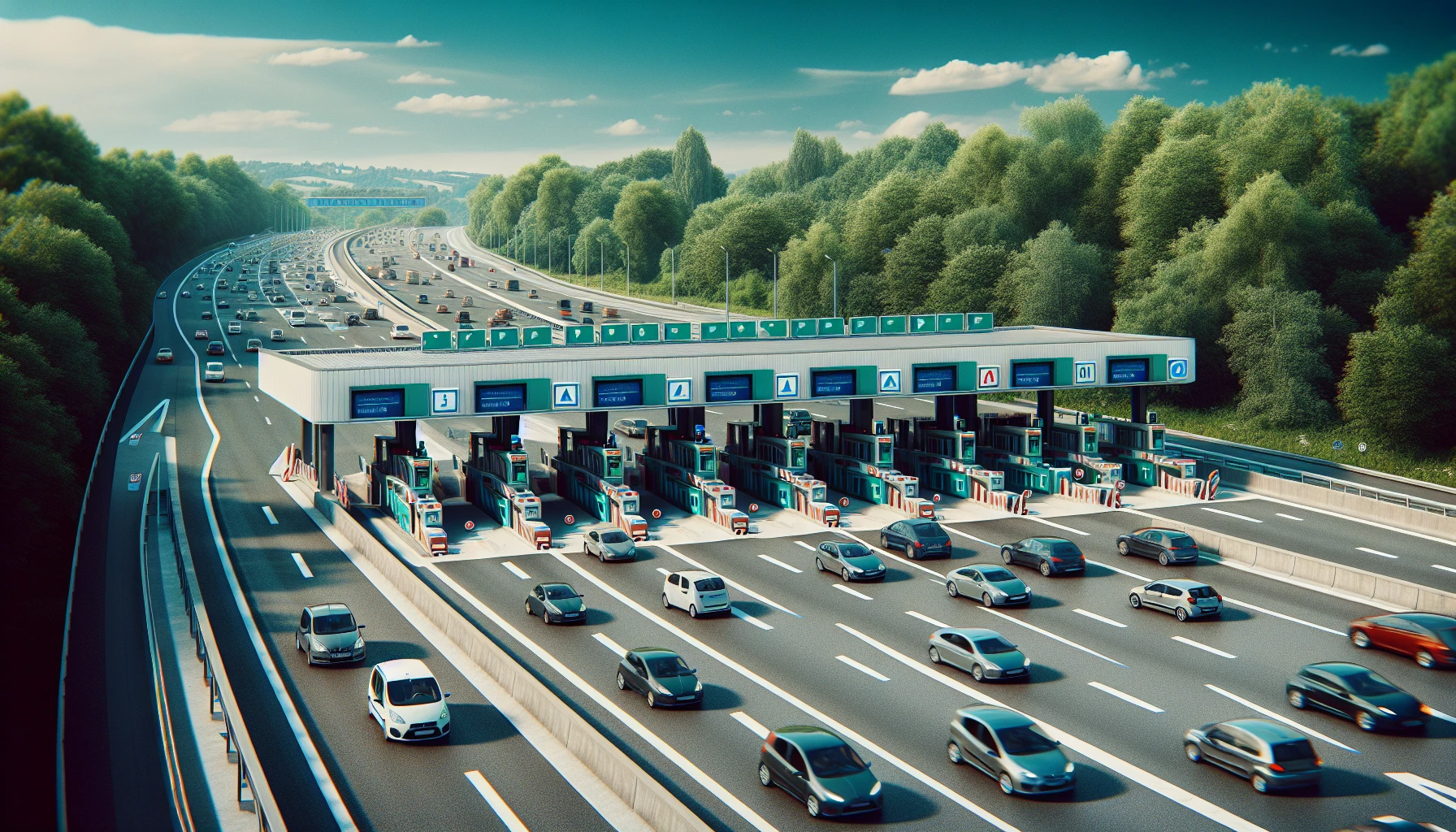 Illustration einer Autobahnmautstelle mit Verkehrsschildern in Frankreich.