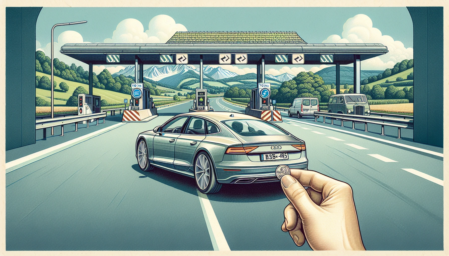 Illustration eines Autos auf einer französischen Autobahn